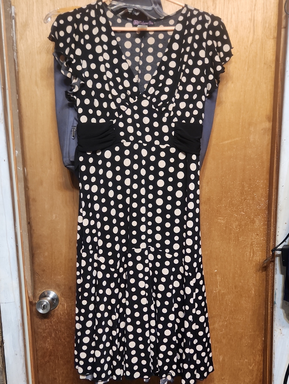 V-Neck Polka Dot Flutter-Sleeve Dress - Black & Cream